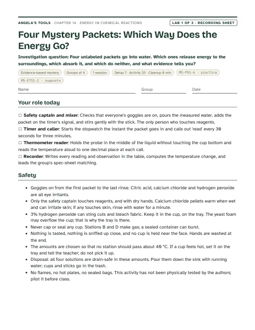 First page of the Four Mystery Packets: Which Way Does the Energy Go? recording sheet