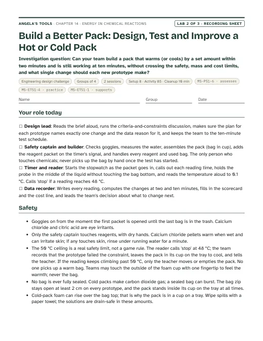 First page of the Build a Better Pack: Design, Test and Improve a Hot or Cold Pack recording sheet