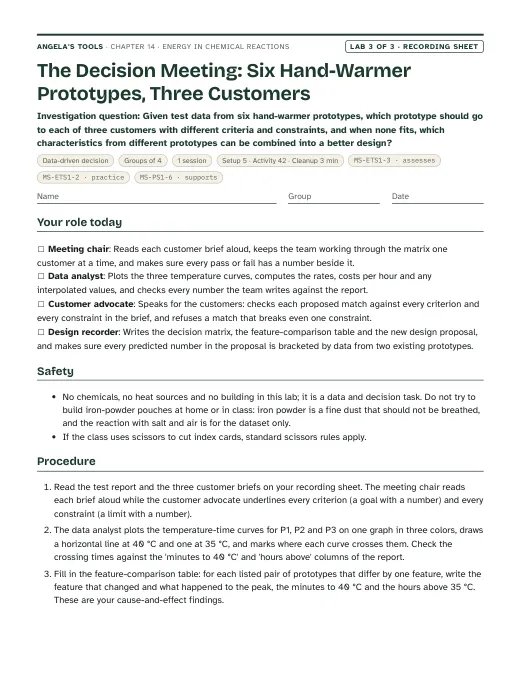 First page of the The Decision Meeting: Six Hand-Warmer Prototypes, Three Customers recording sheet