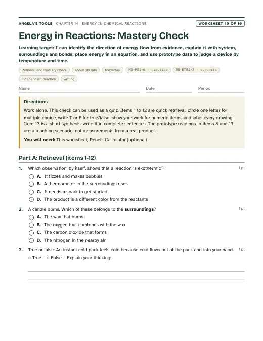 First page of Energy in Reactions: Mastery Check