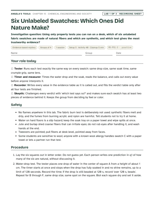 First page of the Six Unlabeled Swatches: Which Ones Did Nature Make? recording sheet