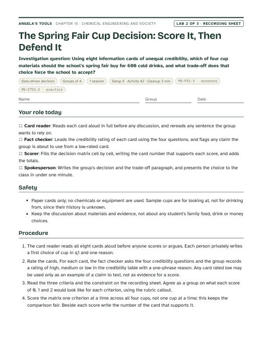 First page of the The Spring Fair Cup Decision: Score It, Then Defend It recording sheet