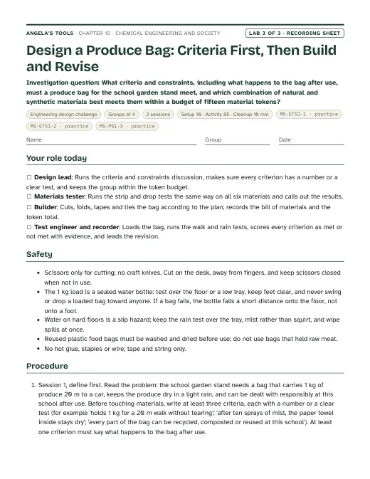 First page of the Design a Produce Bag: Criteria First, Then Build and Revise recording sheet