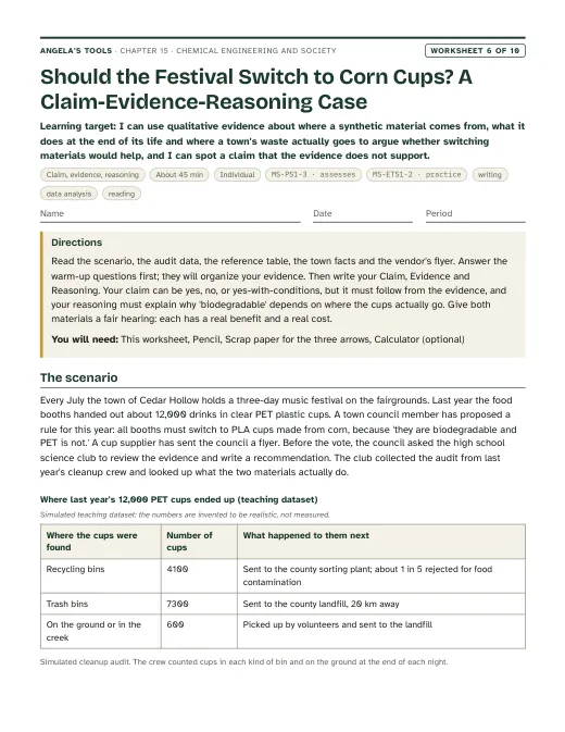 First page of Should the Festival Switch to Corn Cups? A Claim-Evidence-Reasoning Case