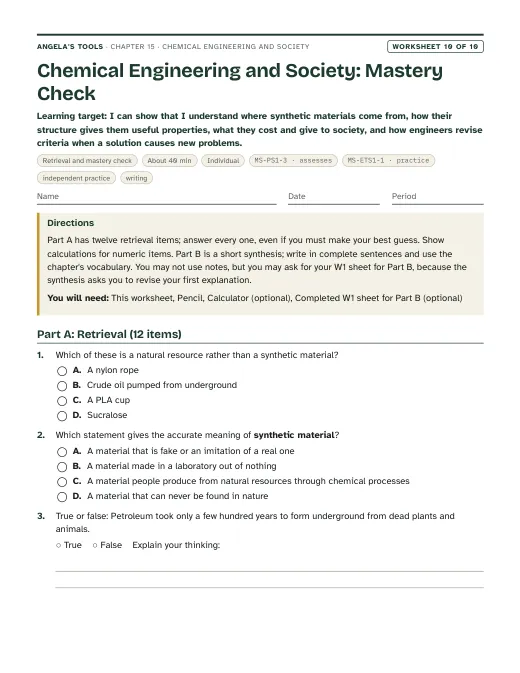 First page of Chemical Engineering and Society: Mastery Check