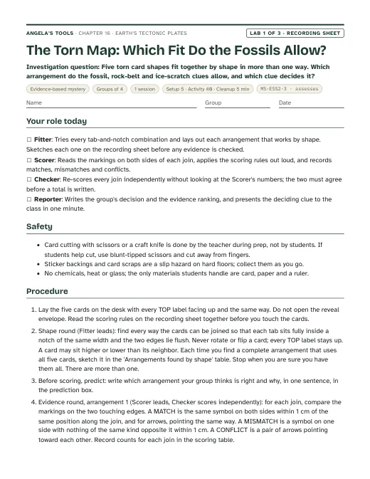 First page of the The Torn Map: Which Fit Do the Fossils Allow? recording sheet