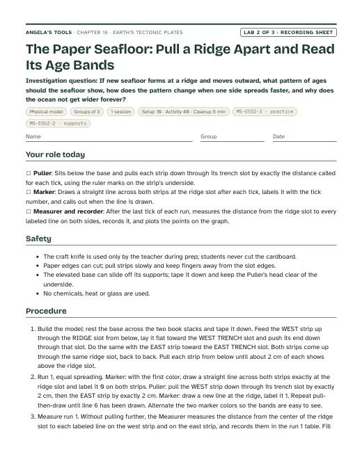 First page of the The Paper Seafloor: Pull a Ridge Apart and Read Its Age Bands recording sheet