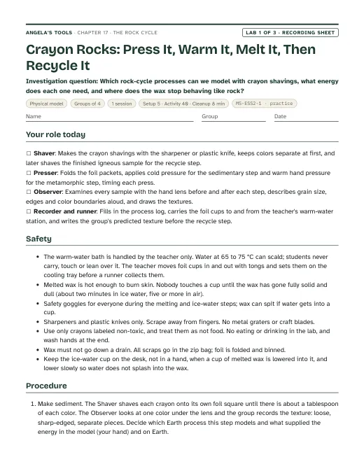 First page of the Crayon Rocks: Press It, Warm It, Melt It, Then Recycle It recording sheet