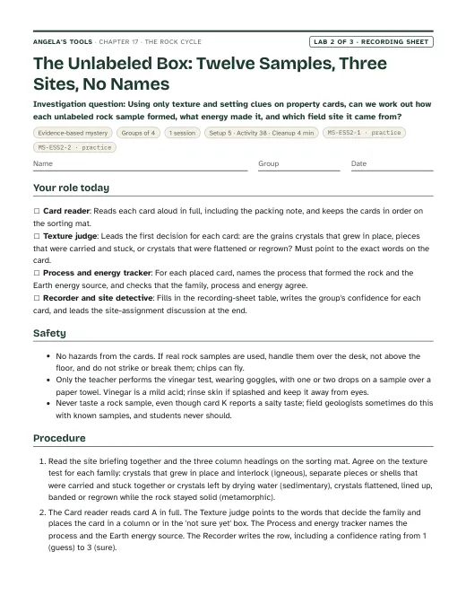 First page of the The Unlabeled Box: Twelve Samples, Three Sites, No Names recording sheet
