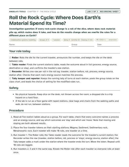 First page of the Roll the Rock Cycle: Where Does Earth's Material Spend Its Time? recording sheet