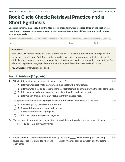 First page of Rock Cycle Check: Retrieval Practice and a Short Synthesis
