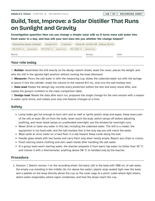First page of the Build, Test, Improve: a Solar Distiller That Runs on Sunlight and Gravity recording sheet