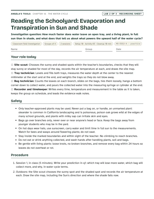 First page of the Reading the Schoolyard: Evaporation and Transpiration in Sun and Shade recording sheet