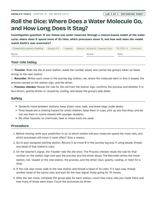 First page of the Roll the Dice: Where Does a Water Molecule Go, and How Long Does It Stay? recording sheet