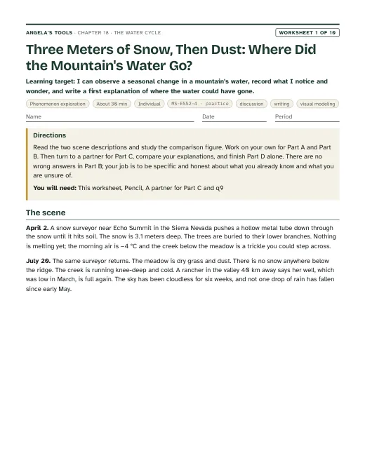 First page of Three Meters of Snow, Then Dust: Where Did the Mountain's Water Go?