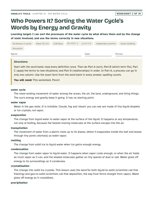 First page of Who Powers It? Sorting the Water Cycle's Words by Energy and Gravity