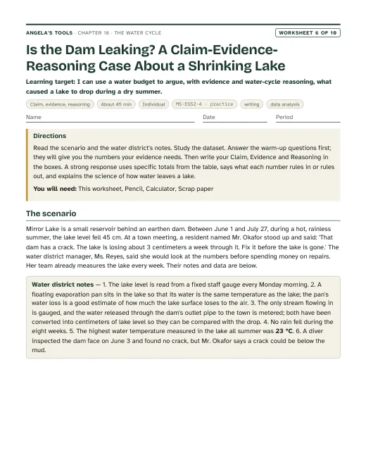 First page of Is the Dam Leaking? A Claim-Evidence-Reasoning Case About a Shrinking Lake