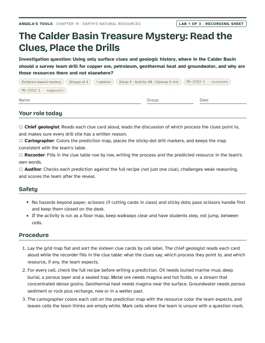 First page of the The Calder Basin Treasure Mystery: Read the Clues, Place the Drills recording sheet