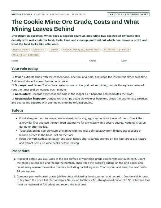 First page of the The Cookie Mine: Ore Grade, Costs and What Mining Leaves Behind recording sheet