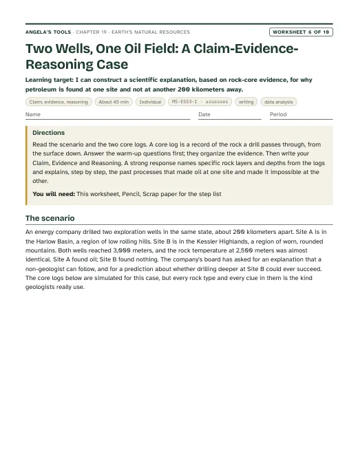 First page of Two Wells, One Oil Field: A Claim-Evidence-Reasoning Case