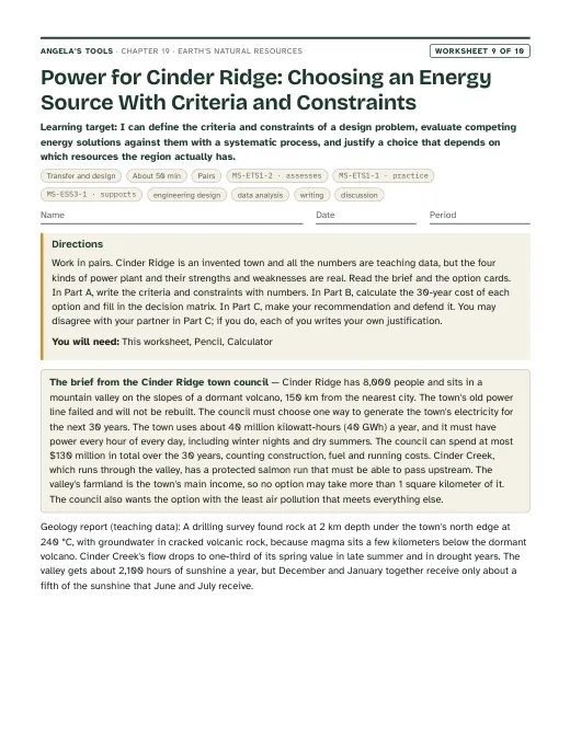 First page of Power for Cinder Ridge: Choosing an Energy Source With Criteria and Constraints