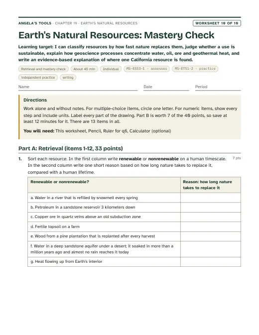 First page of Earth's Natural Resources: Mastery Check