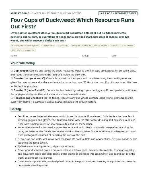 First page of the Four Cups of Duckweed: Which Resource Runs Out First? recording sheet