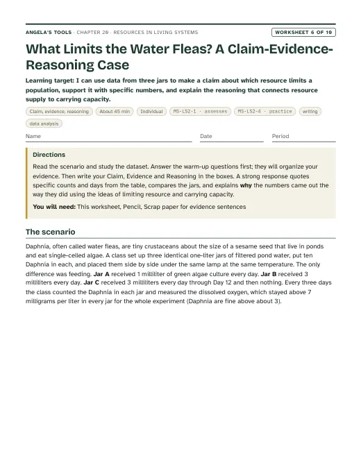 First page of What Limits the Water Fleas? A Claim-Evidence-Reasoning Case