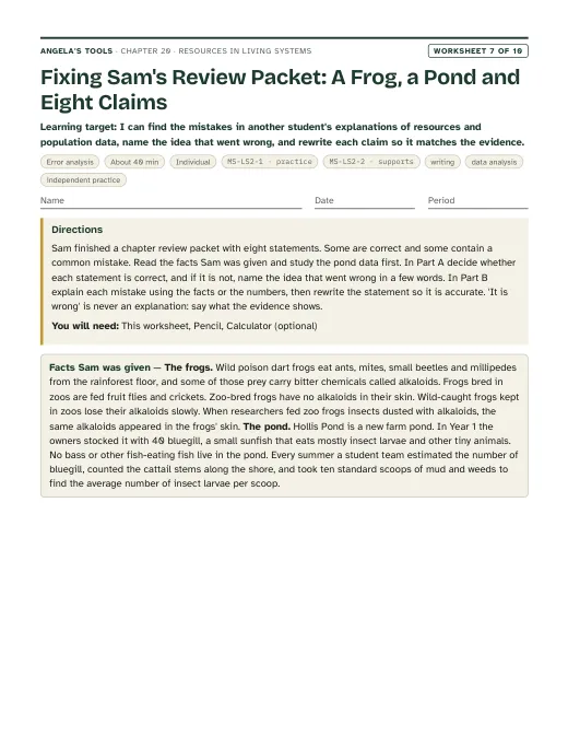 First page of Fixing Sam's Review Packet: A Frog, a Pond and Eight Claims