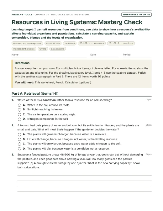 First page of Resources in Living Systems: Mastery Check