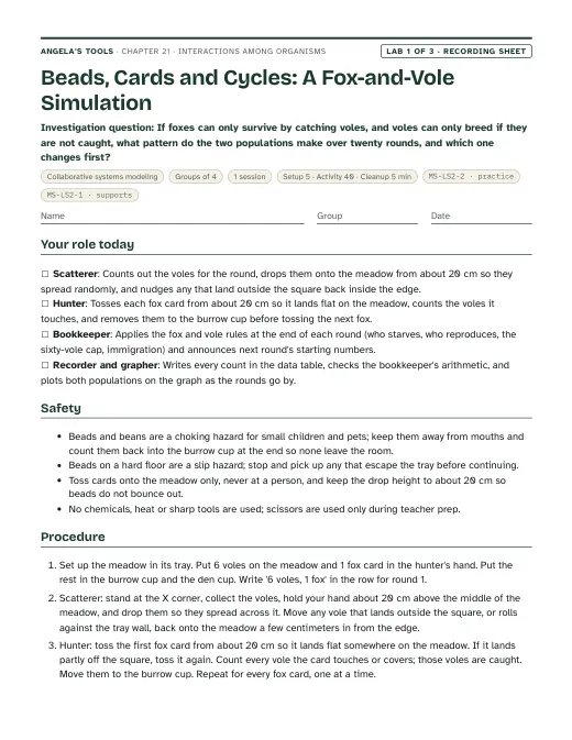 First page of the Beads, Cards and Cycles: A Fox-and-Vole Simulation recording sheet