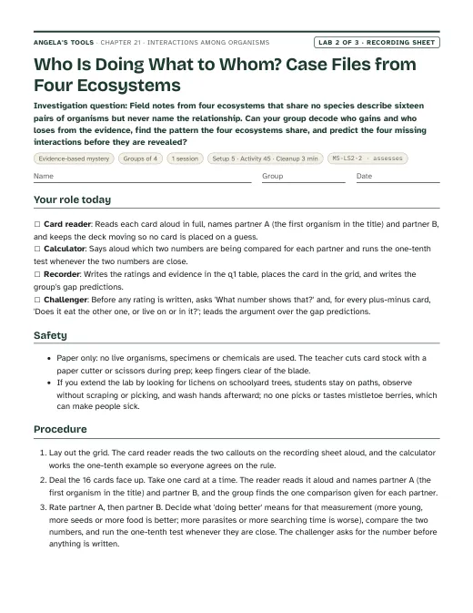 First page of the Who Is Doing What to Whom? Case Files from Four Ecosystems recording sheet