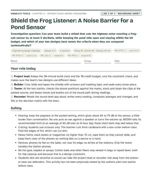 First page of the Shield the Frog Listener: A Noise Barrier for a Pond Sensor recording sheet