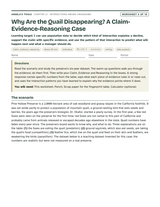 First page of Why Are the Quail Disappearing? A Claim-Evidence-Reasoning Case