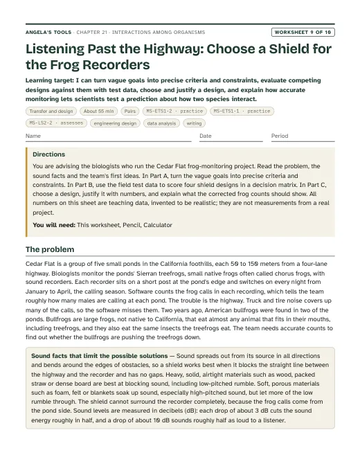 First page of Listening Past the Highway: Choose a Shield for the Frog Recorders