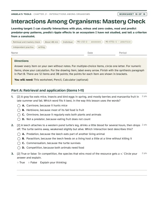First page of Interactions Among Organisms: Mastery Check