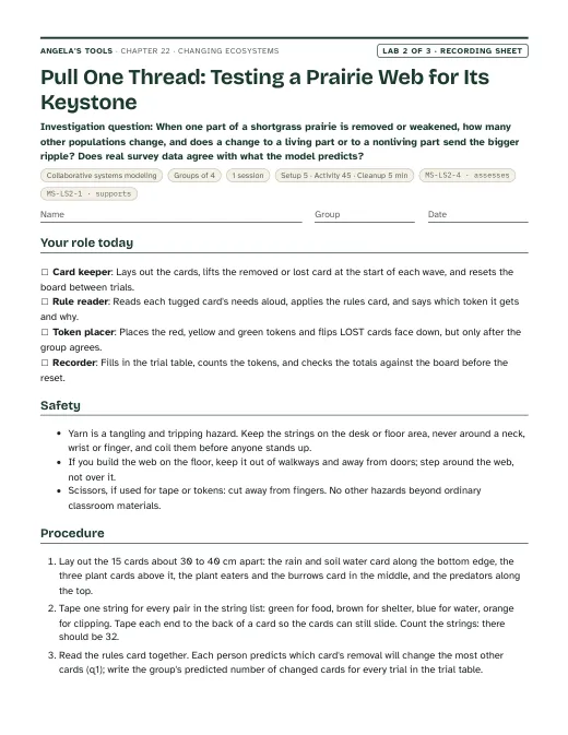 First page of the Pull One Thread: Testing a Prairie Web for Its Keystone recording sheet