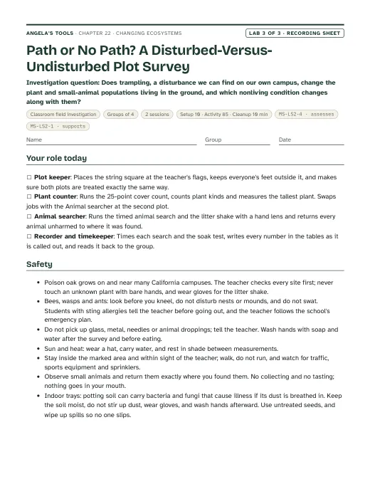 First page of the Path or No Path? A Disturbed-Versus-Undisturbed Plot Survey recording sheet