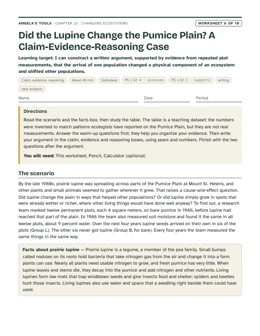First page of Did the Lupine Change the Pumice Plain? A Claim-Evidence-Reasoning Case