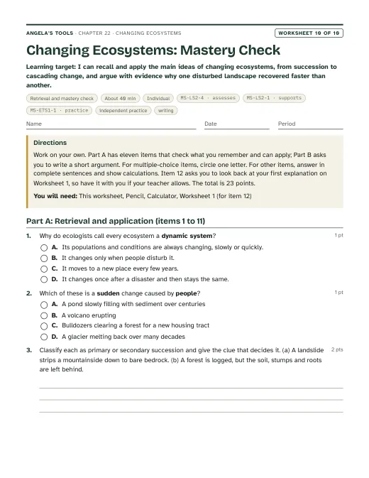 First page of Changing Ecosystems: Mastery Check