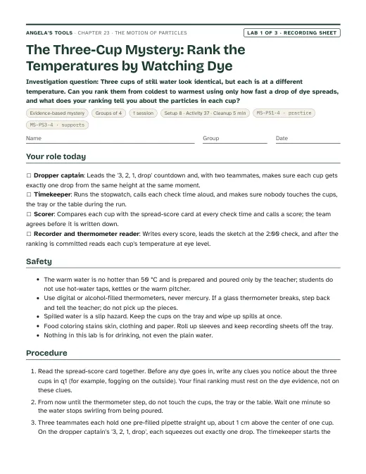 First page of the The Three-Cup Mystery: Rank the Temperatures by Watching Dye recording sheet