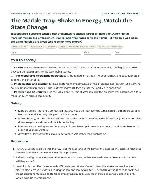 First page of the The Marble Tray: Shake In Energy, Watch the State Change recording sheet