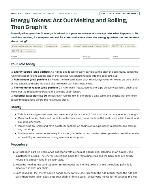 First page of the Energy Tokens: Act Out Melting and Boiling, Then Graph It recording sheet