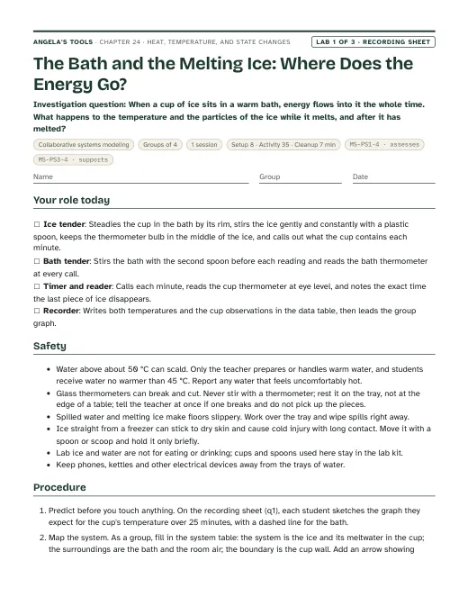 First page of the The Bath and the Melting Ice: Where Does the Energy Go? recording sheet