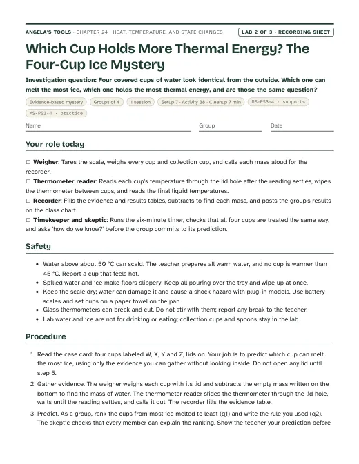 First page of the Which Cup Holds More Thermal Energy? The Four-Cup Ice Mystery recording sheet
