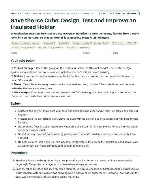 First page of the Save the Ice Cube: Design, Test and Improve an Insulated Holder recording sheet