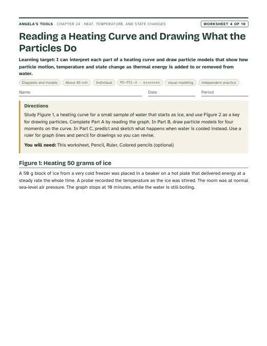 First page of Reading a Heating Curve and Drawing What the Particles Do