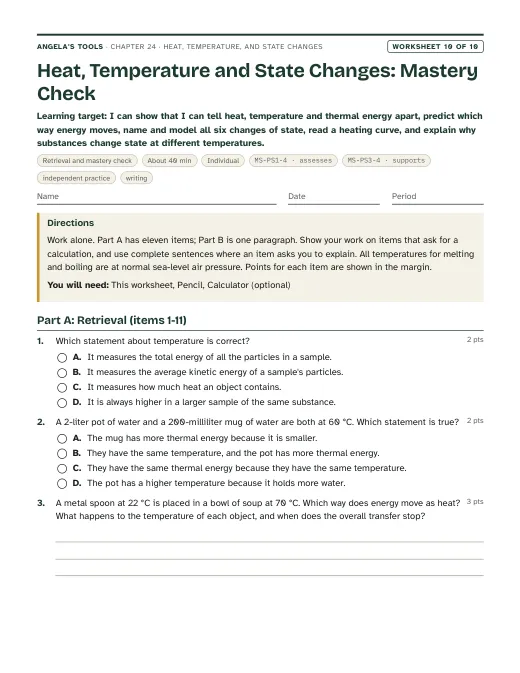 First page of Heat, Temperature and State Changes: Mastery Check