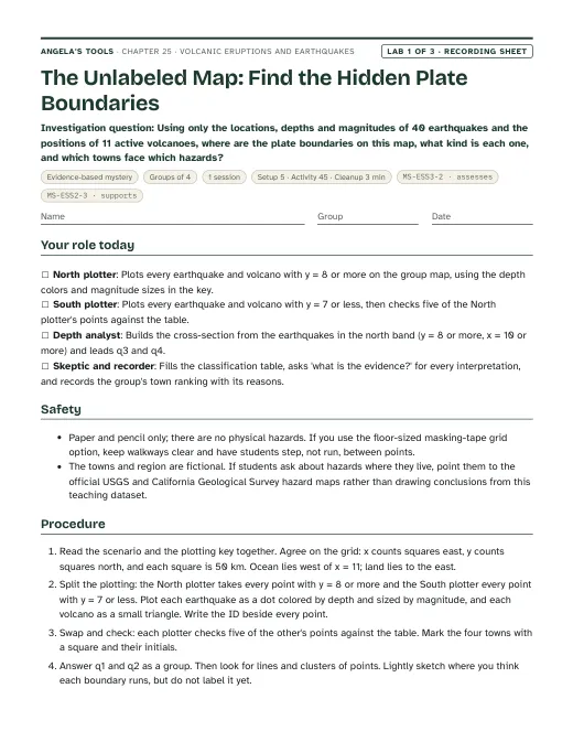 First page of the The Unlabeled Map: Find the Hidden Plate Boundaries recording sheet