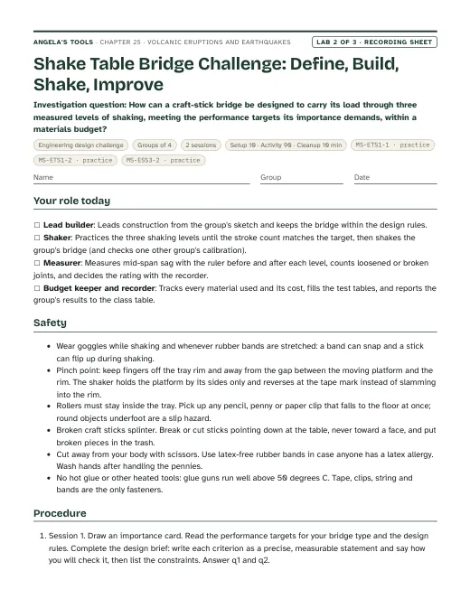 First page of the Shake Table Bridge Challenge: Define, Build, Shake, Improve recording sheet